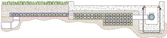Section detail showing a shallow geocellular stormwater attenuation tank beneath paving/landscaping, with inlet/outlet pipes and an inspection chamber for infiltration.