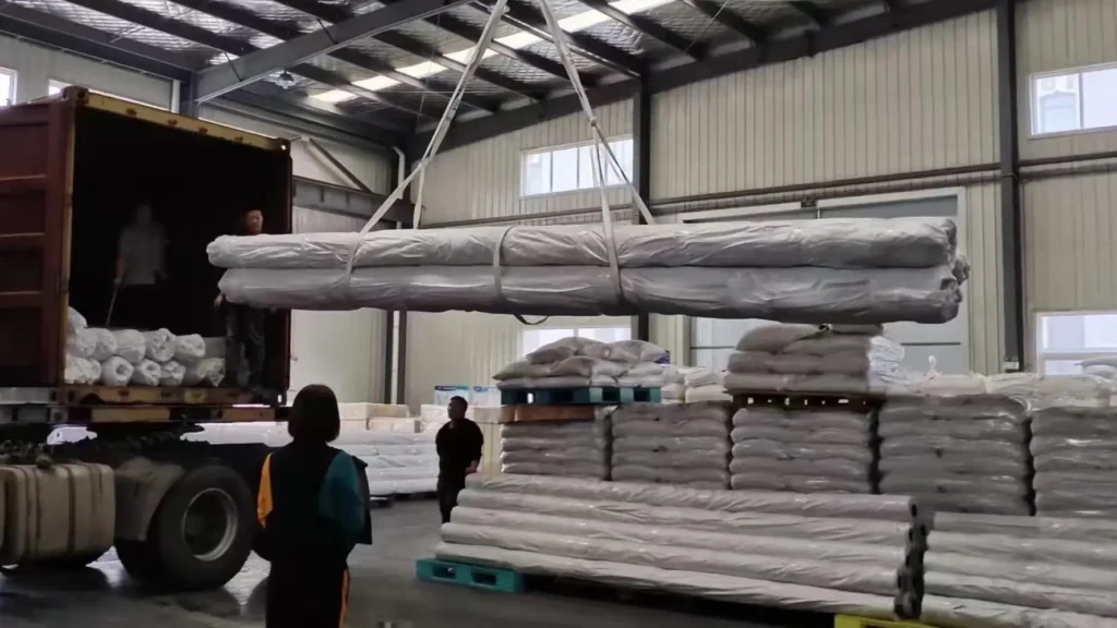 Container loading of bulk EPDM pond liner orders for global distribution
