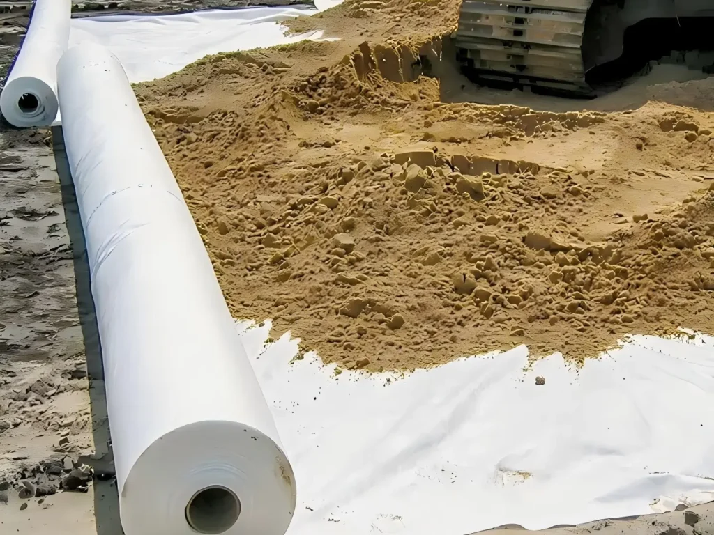 Geotextile protection cushion layer installed over geomembrane in landfill containment system