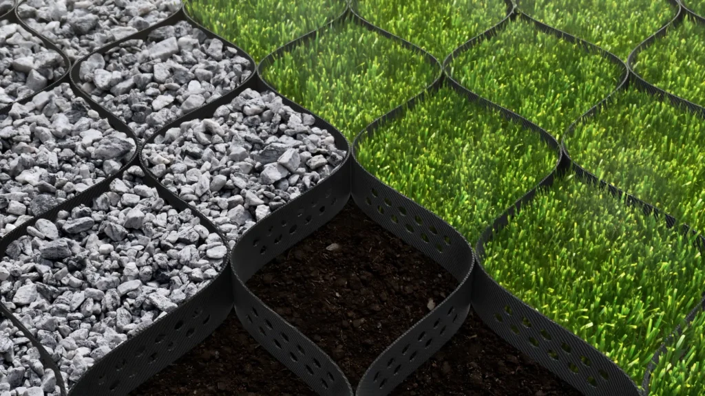 Expandable HDPE honeycomb geocell structure showing ultrasonic welds and textured surface