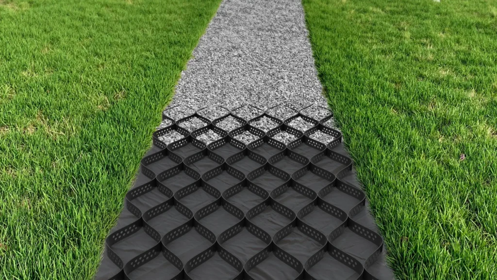 Diagram illustrating geocell confinement effect spreading vertical loads to reduce subgrade pressure