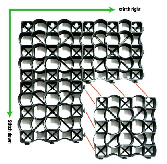 Installation guide for interlocking ground grid: leveling sub-base, laying panels, and filling with gravel for stable drainage
