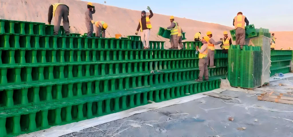 Installing geocellular attenuation modules for underground stormwater infiltration on a Middle East project site.