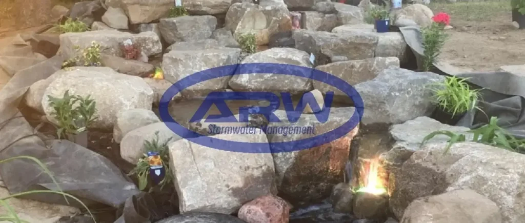Residential backyard after installation—new rock water feature and fresh planting in front of the house.