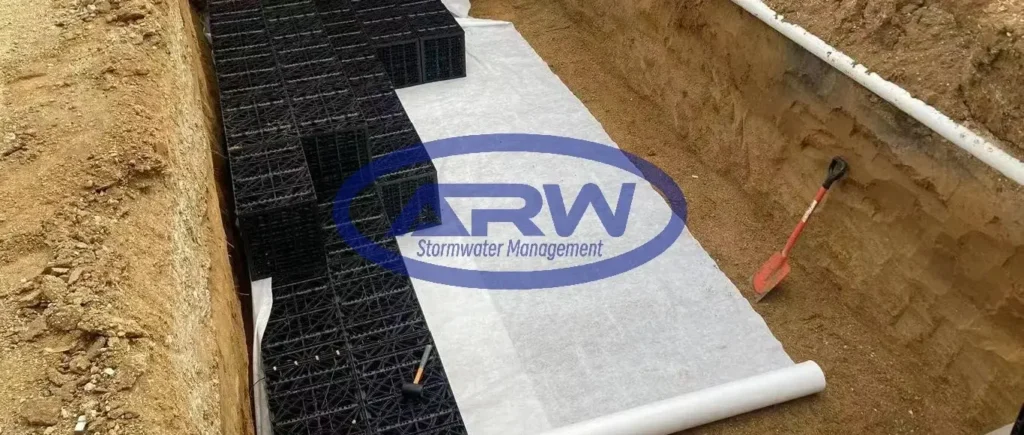 Small-lot residential OSD install (ANZ): excavation prepared beside the house with staged geocellular crates, geotextile roll, and connection pipes.