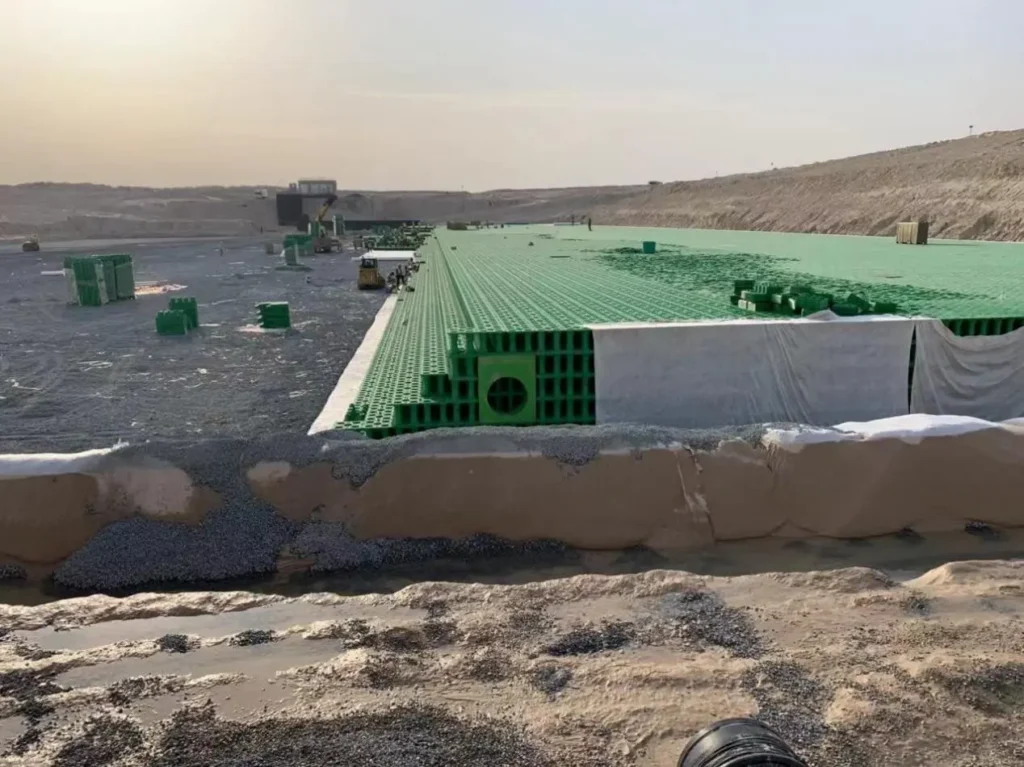 Diagram illustrating shallow surface drainage and geocellular attenuation system flow